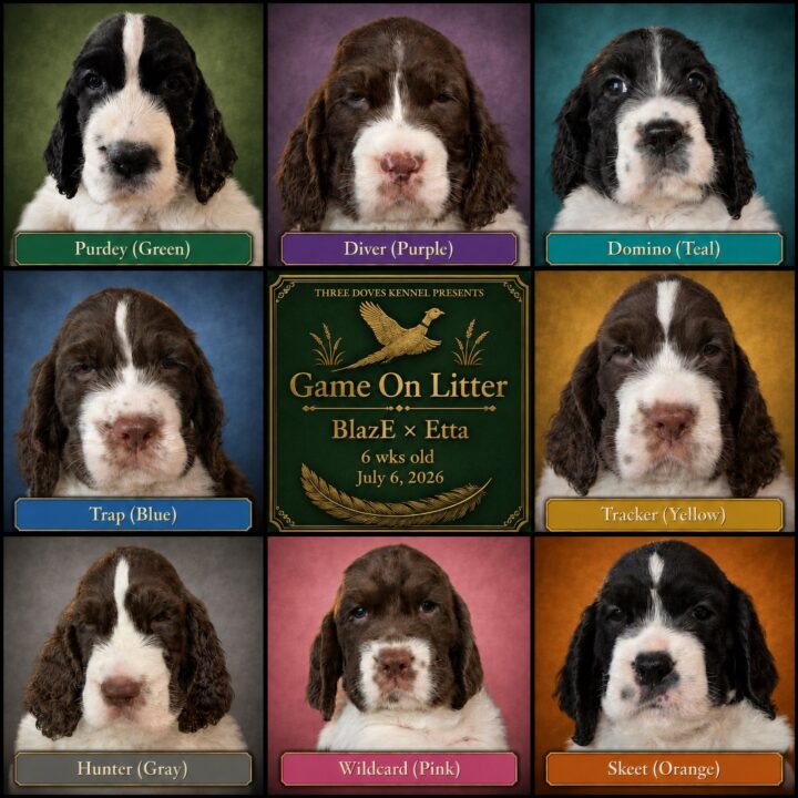 The Game On litter of English Springer Spaniel puppies at six weeks old, shown in a nine-panel portrait grid with each puppy's call name and collar color around the Game On Litter emblem.